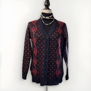 True Vintage Catalina Cardigan Sweater M Black Red Hearts V-Neck Pinup Secretary